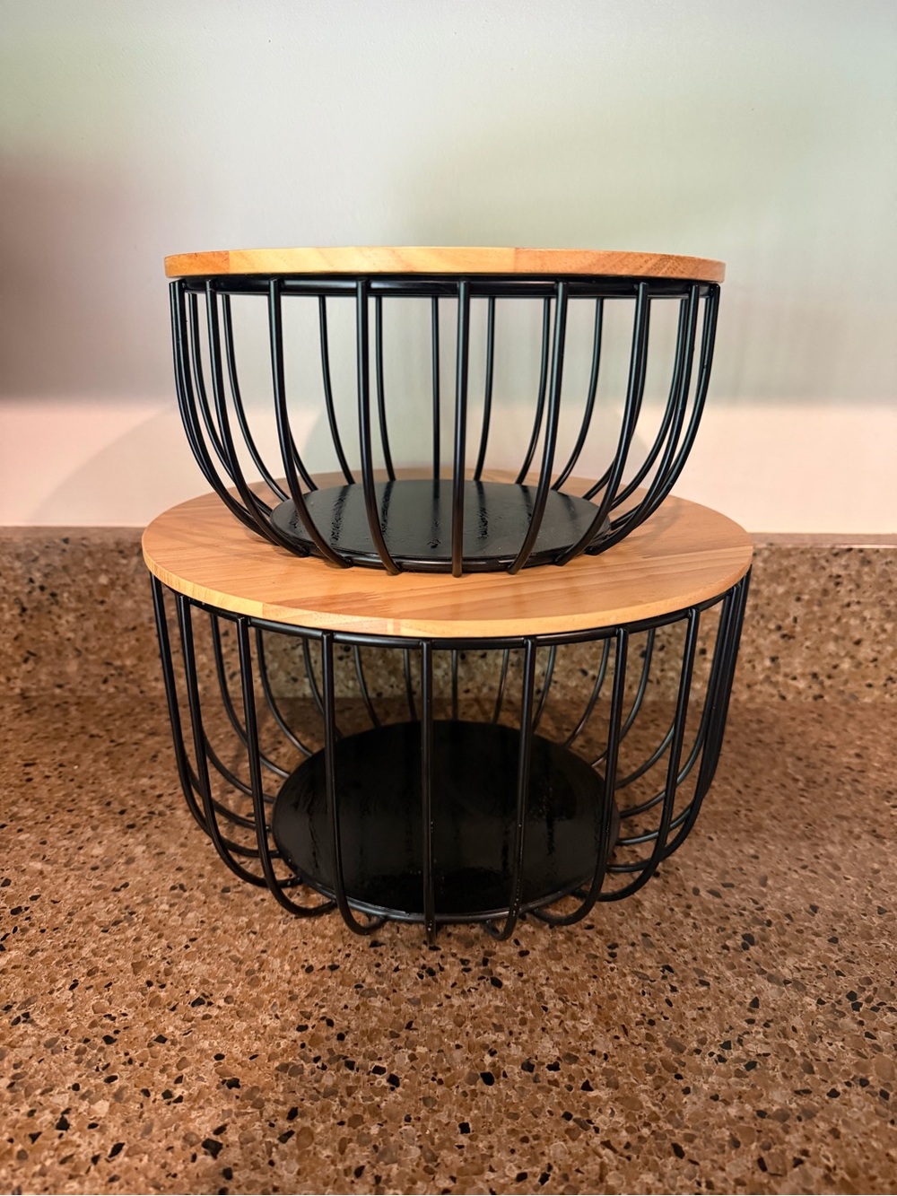 Black Wire and Bamboo Stackable Storage Baskets - Set of 2